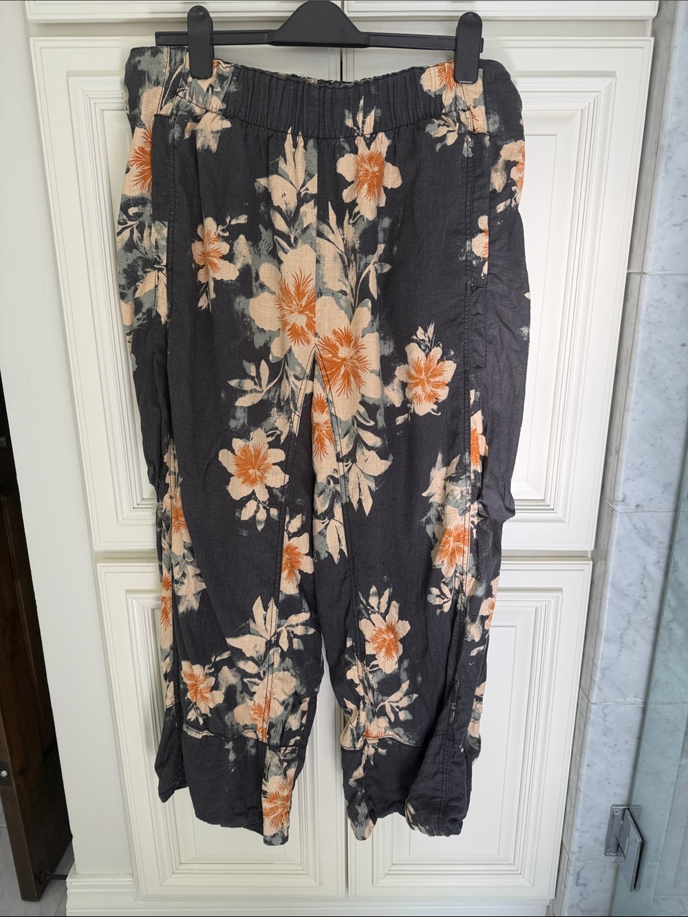 Free People Black Wide-Leg Floral Pants with Orange & Cream Print